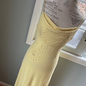 De Laru vintage Y2K Fairycore yellow cowl square neck rhinestone snowflake maxi